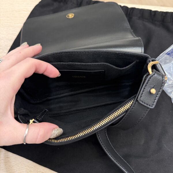 Versace Tag Mini Flap Leather Shoulder Bag Black
