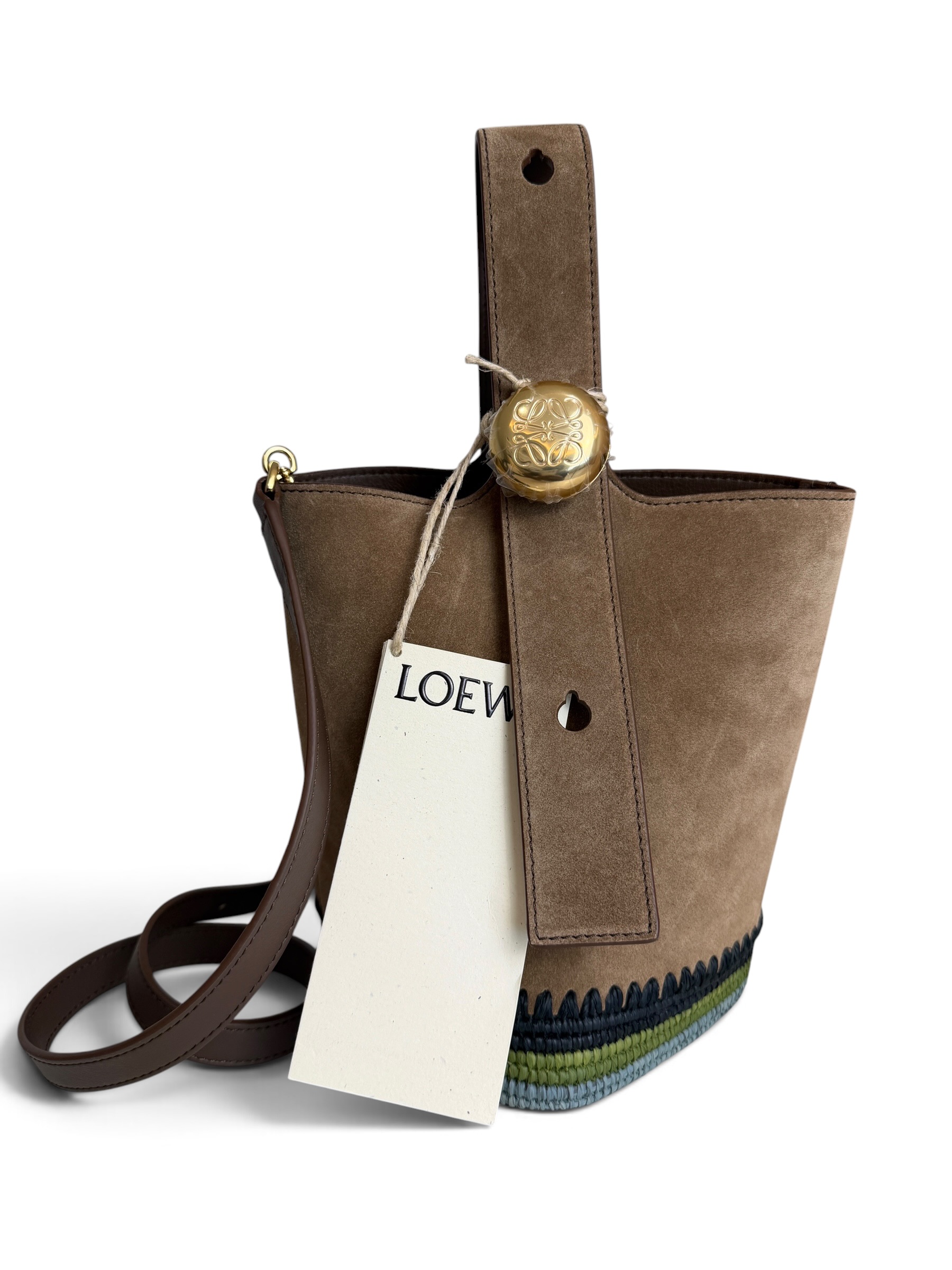 LOEWE x Paula's Ibiza Mini Pebble Suede Raffia Bucket Bag