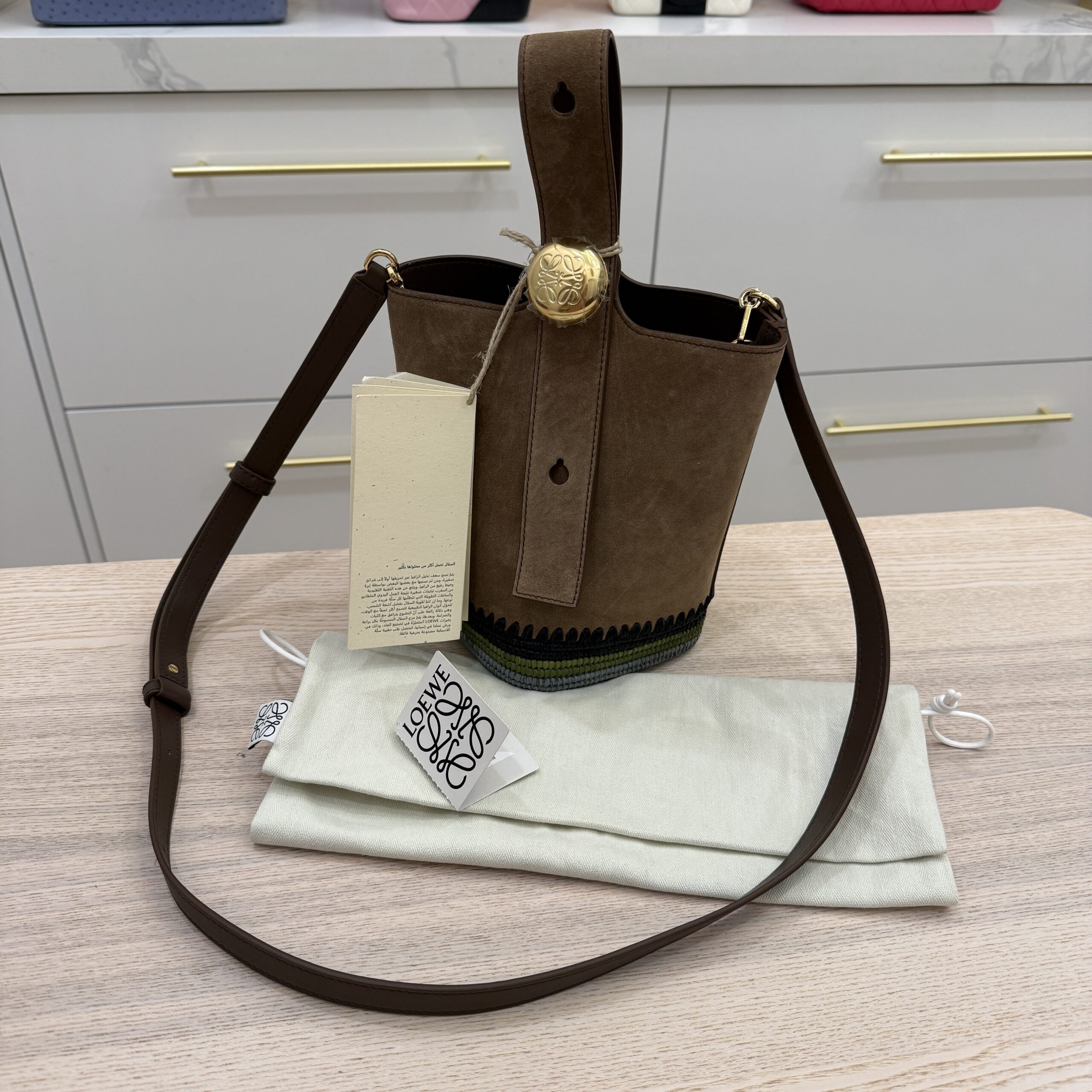 LOEWE x Paula's Ibiza Mini Pebble Suede Raffia Bucket Bag