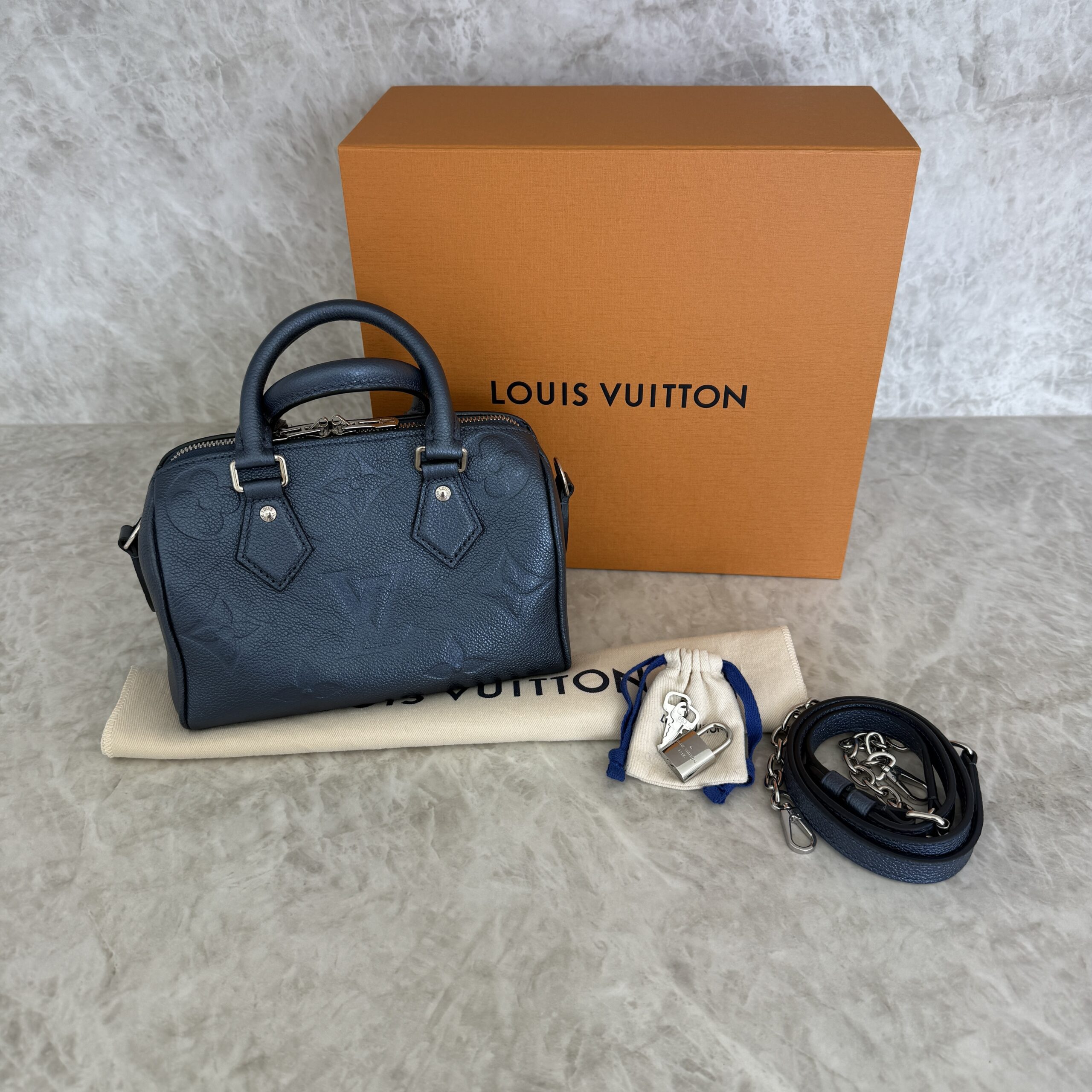 Louis Vuitton Metallic Empreinte Monogram Giant Speedy Bandouliere 20 Navy Nacre