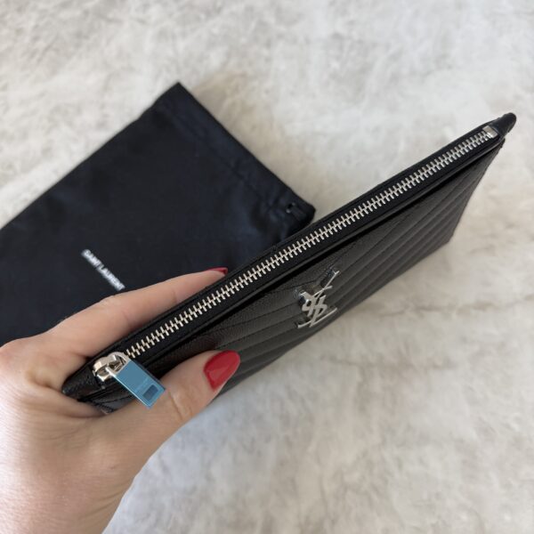 Saint Laurent (YSL) Grain De Poudre Chevron Monogram Bill Pouch Black Silver Hardware