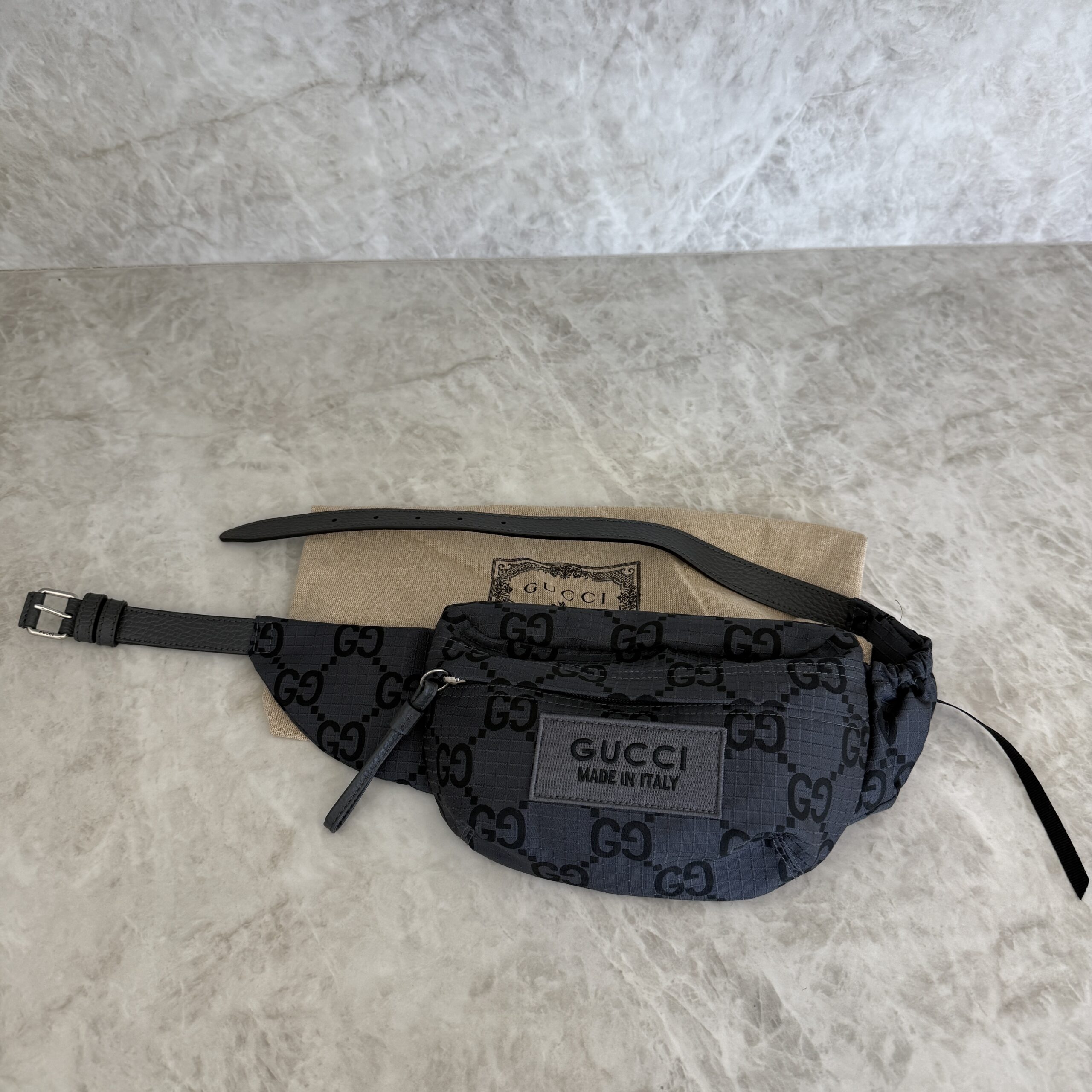 Gucci Recycled Polyester Monogram Jumbo GG Belt Bag Black / Grey