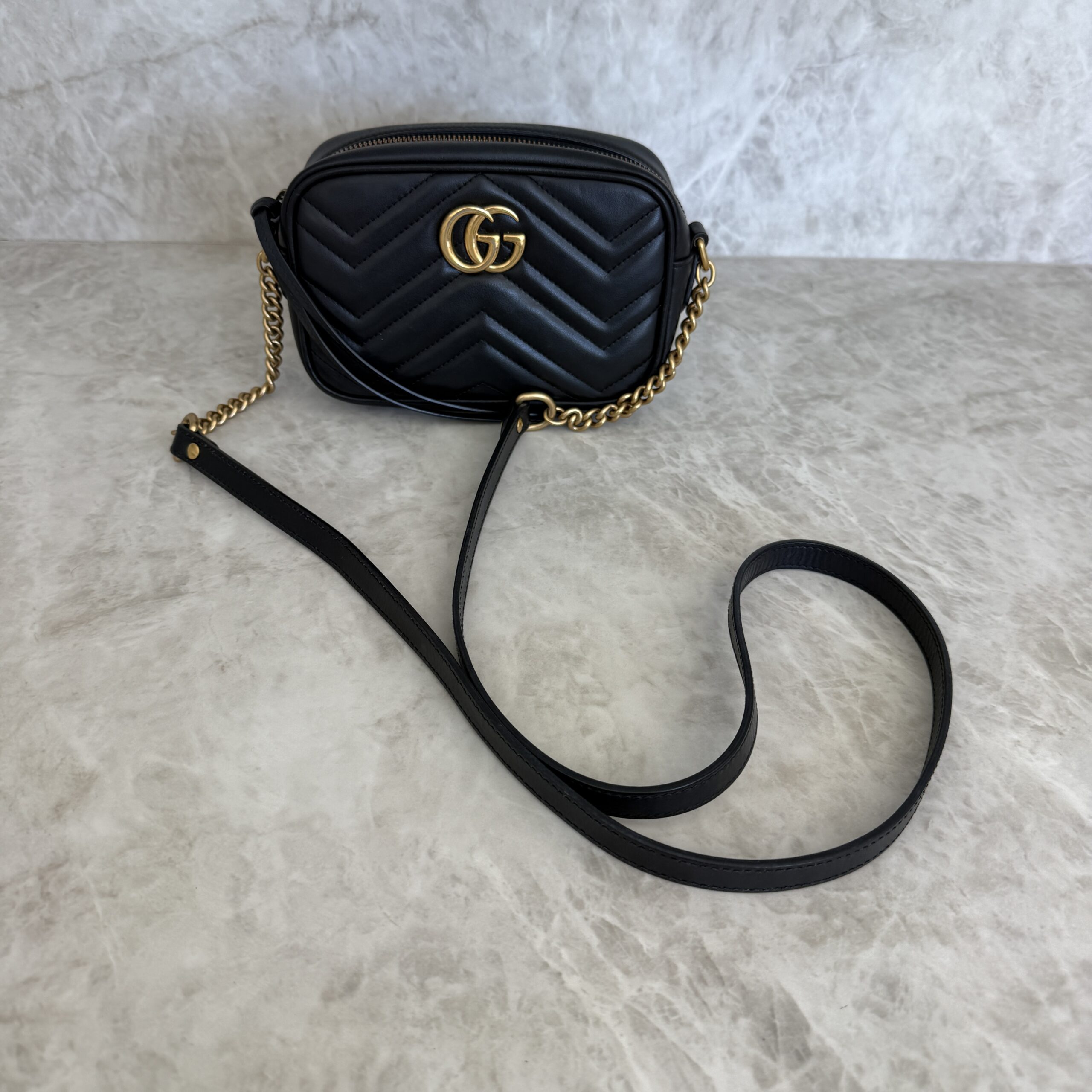 Gucci Calfskin Matelasse Mini GG Marmont Chain Shoulder Bag Black