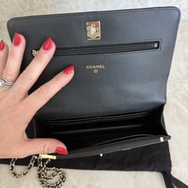 Chanel Shiny Caviar Quilted Turnlock Top Handle Wallet On Chain WOC Black