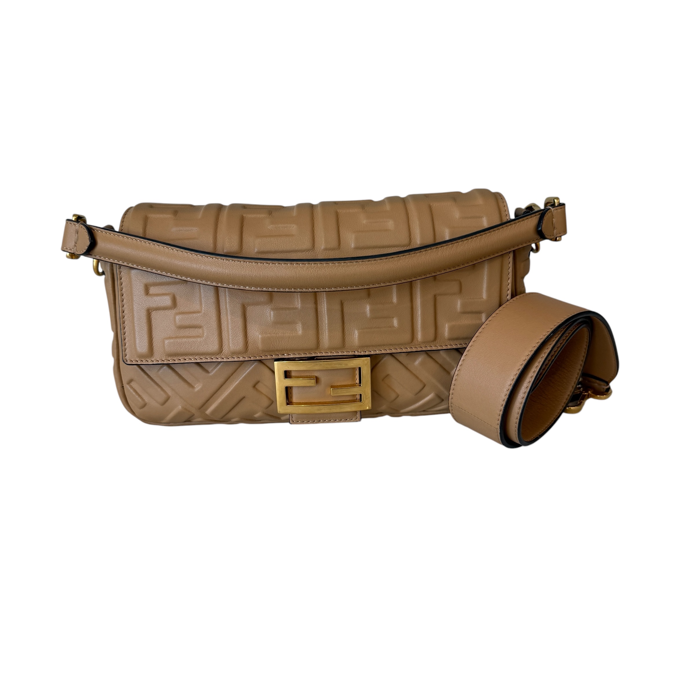Fendi Nappa FF 1974 Embossed Baguette Miele Scuro