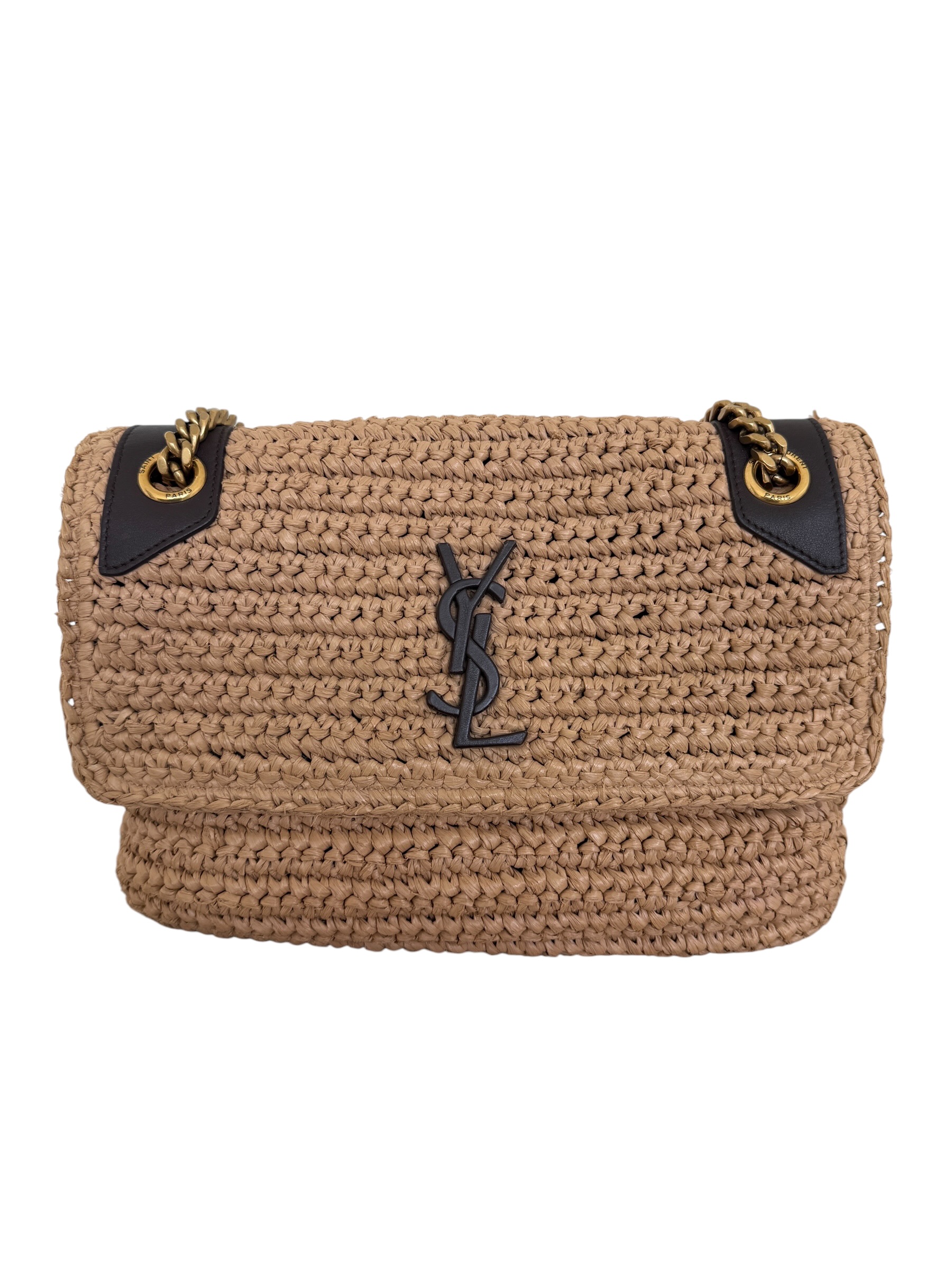 Saint Laurent (YSL) Raffia Calfskin Monogram Medium Niki Chain Satchel Natural