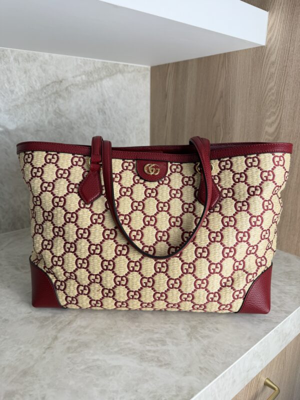 Gucci Straw Jacquard Dollar Calfskin GG Monogram Medium Ophidia Shopping Tote Natural New Cherry Red