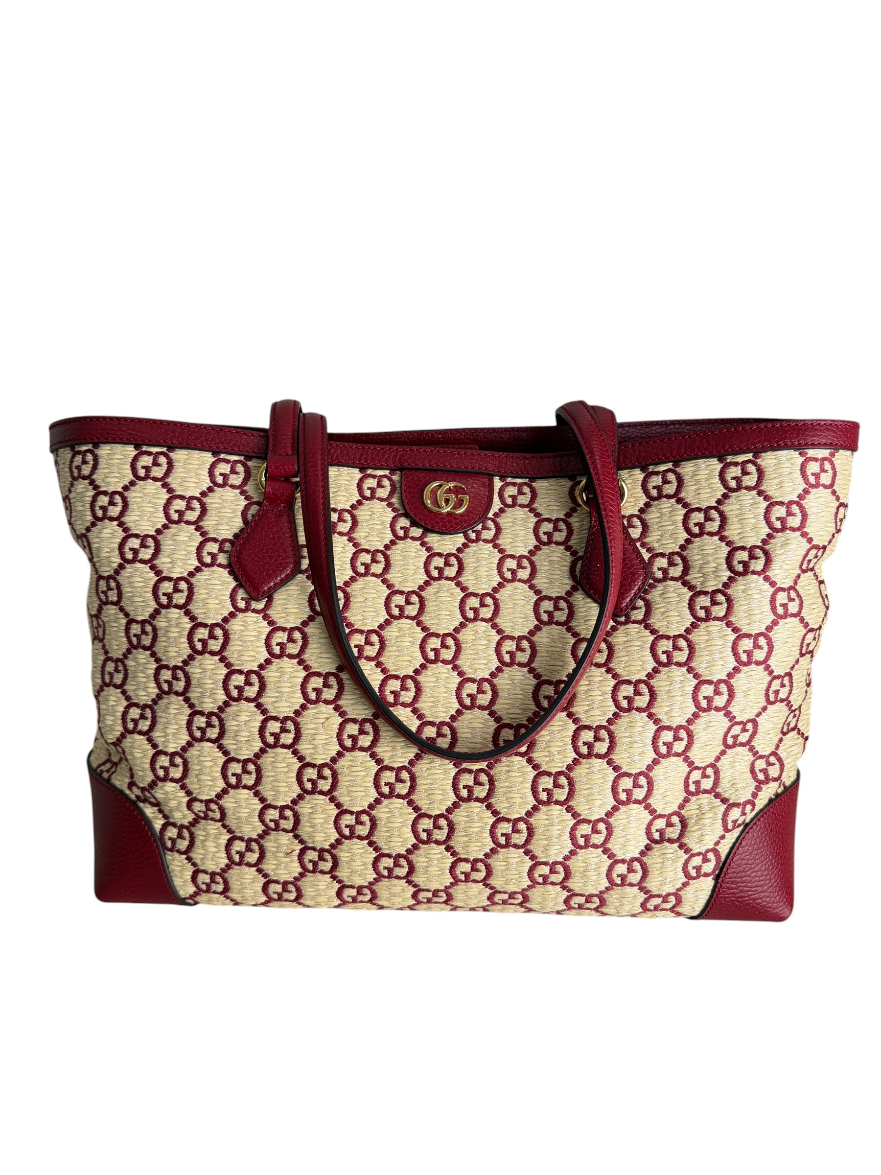 Gucci Straw Jacquard Dollar Calfskin GG Monogram Medium Ophidia Shopping Tote Natural New Cherry Red
