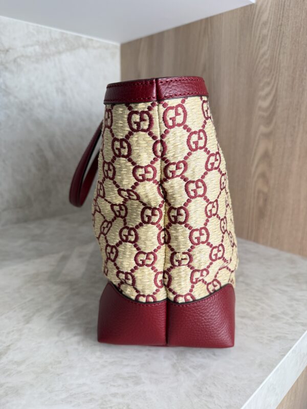 Gucci Straw Jacquard Dollar Calfskin GG Monogram Medium Ophidia Shopping Tote Natural New Cherry Red