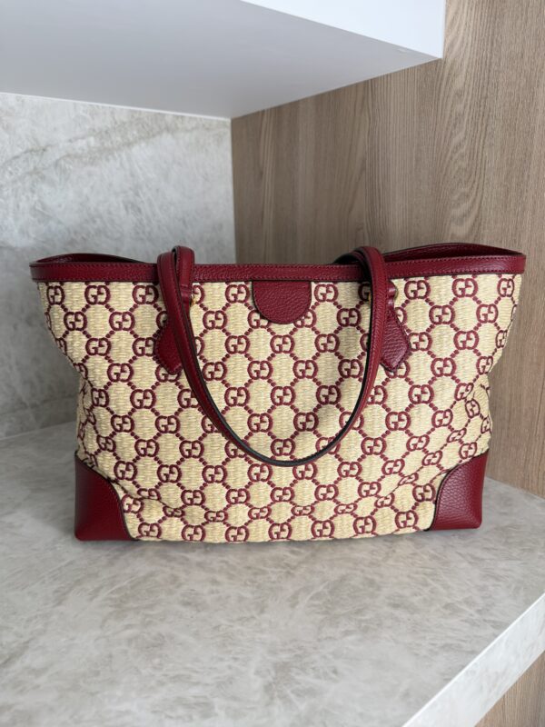 Gucci Straw Jacquard Dollar Calfskin GG Monogram Medium Ophidia Shopping Tote Natural New Cherry Red