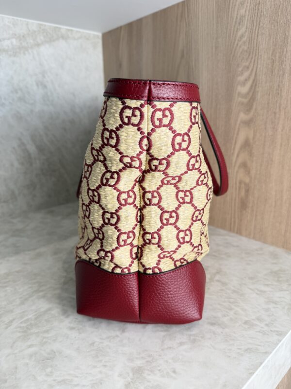 Gucci Straw Jacquard Dollar Calfskin GG Monogram Medium Ophidia Shopping Tote Natural New Cherry Red