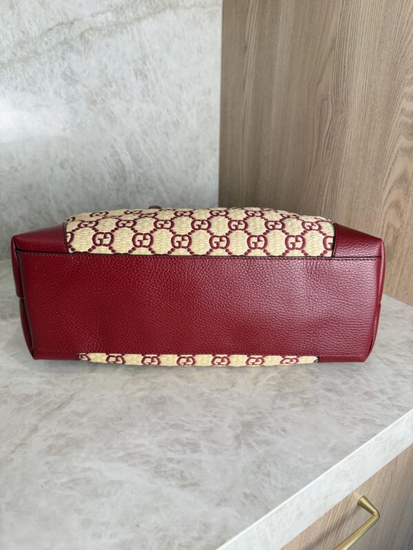 Gucci Straw Jacquard Dollar Calfskin GG Monogram Medium Ophidia Shopping Tote Natural New Cherry Red