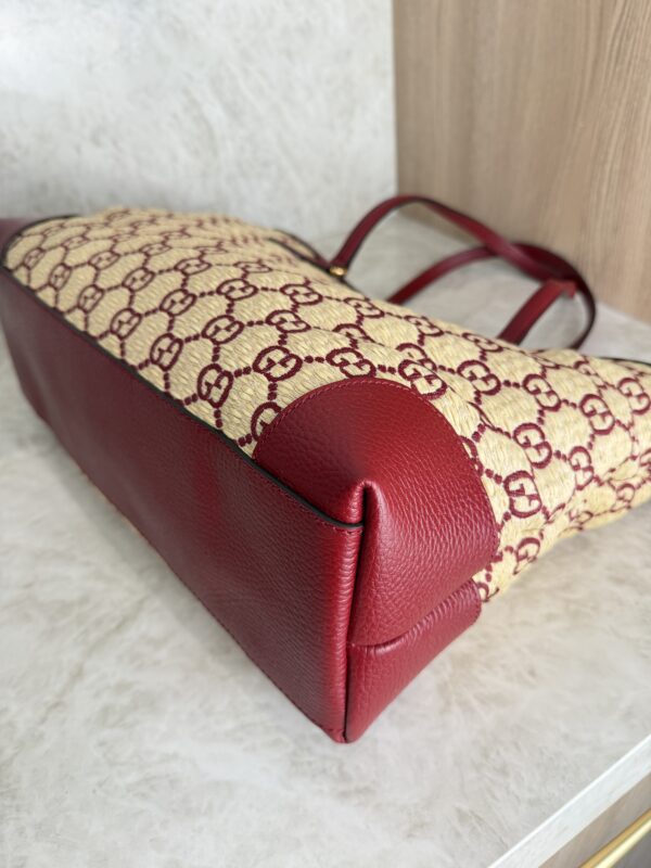 Gucci Straw Jacquard Dollar Calfskin GG Monogram Medium Ophidia Shopping Tote Natural New Cherry Red