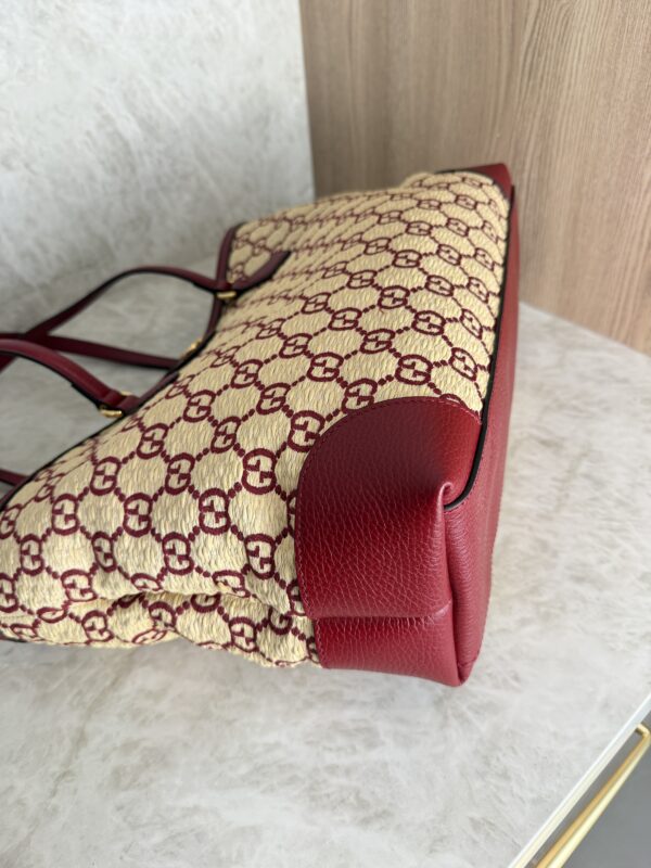 Gucci Straw Jacquard Dollar Calfskin GG Monogram Medium Ophidia Shopping Tote Natural New Cherry Red
