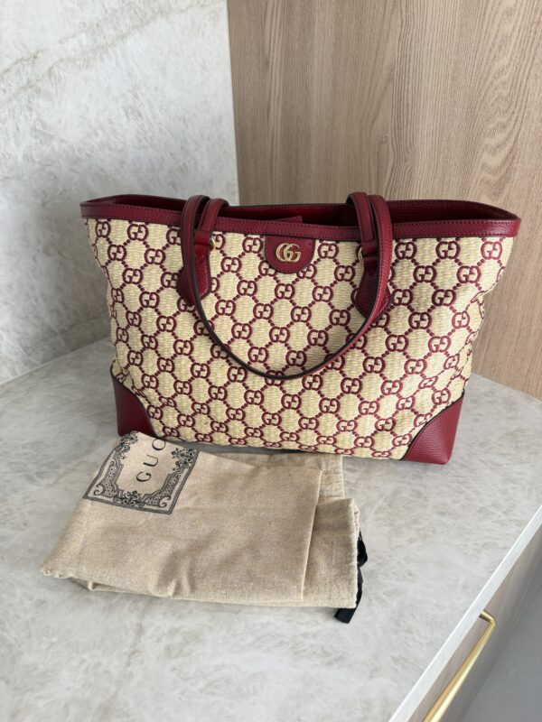Gucci Straw Jacquard Dollar Calfskin GG Monogram Medium Ophidia Shopping Tote Natural New Cherry Red