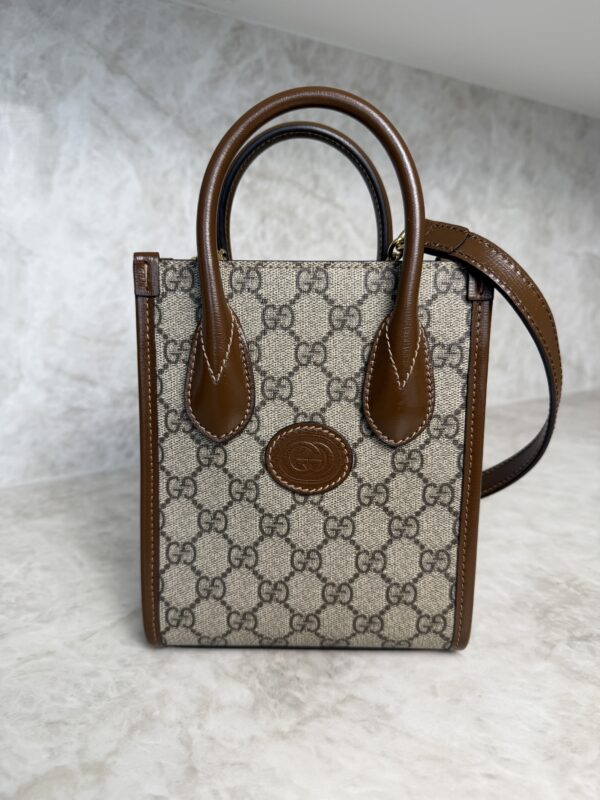 Gucci GG Supreme Monogram Azalea Calfskin Mini Retro Interlocking G Tote Bag Beige Ebony Brown Sugar