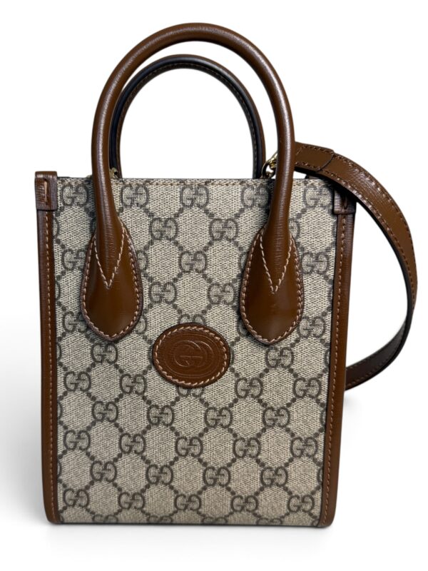 Gucci GG Supreme Monogram Azalea Calfskin Mini Retro Interlocking G Tote Bag Beige Ebony Brown Sugar
