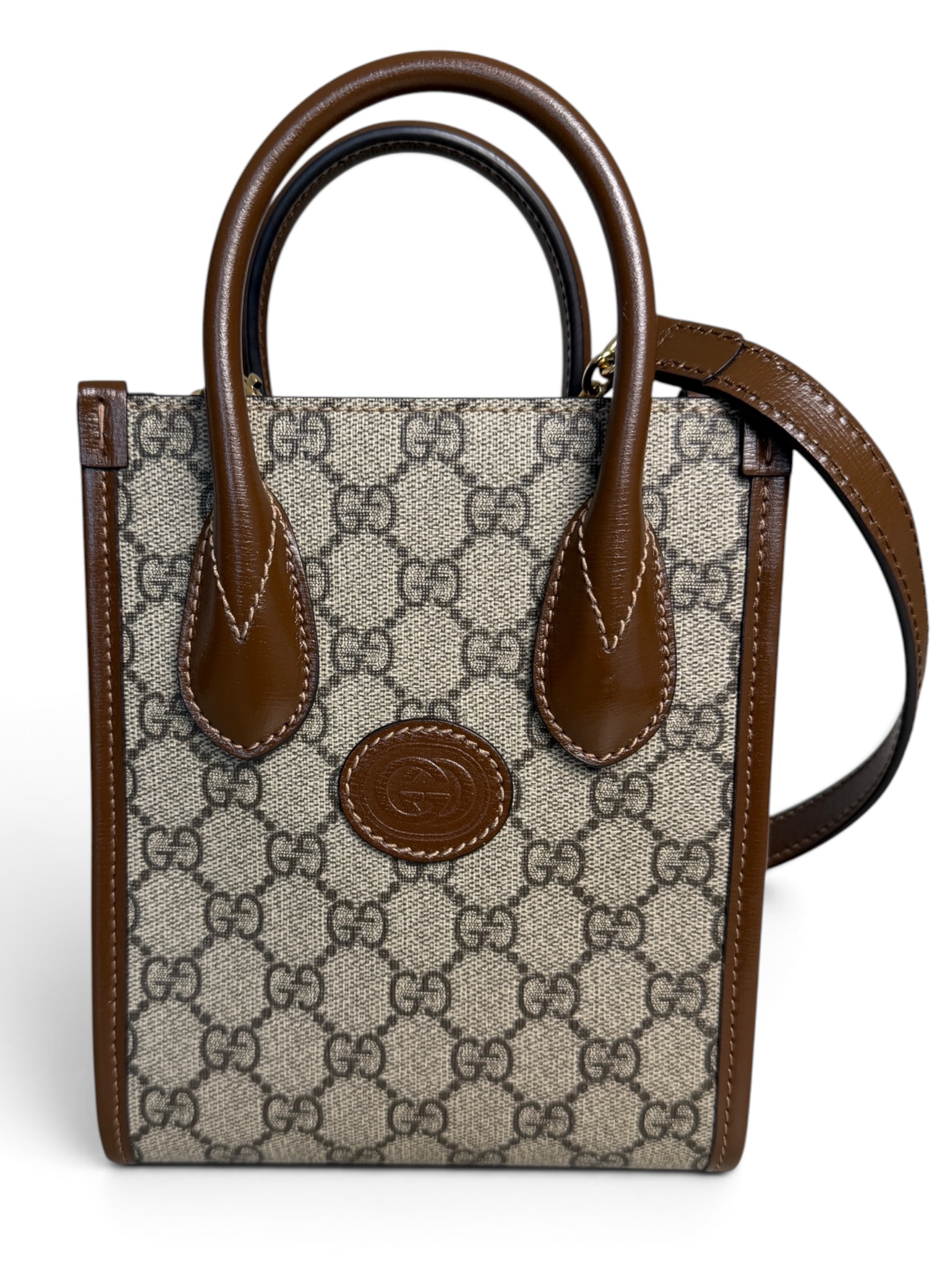 Gucci GG Supreme Monogram Azalea Calfskin Mini Retro Interlocking G Tote Bag Beige Ebony Brown Sugar