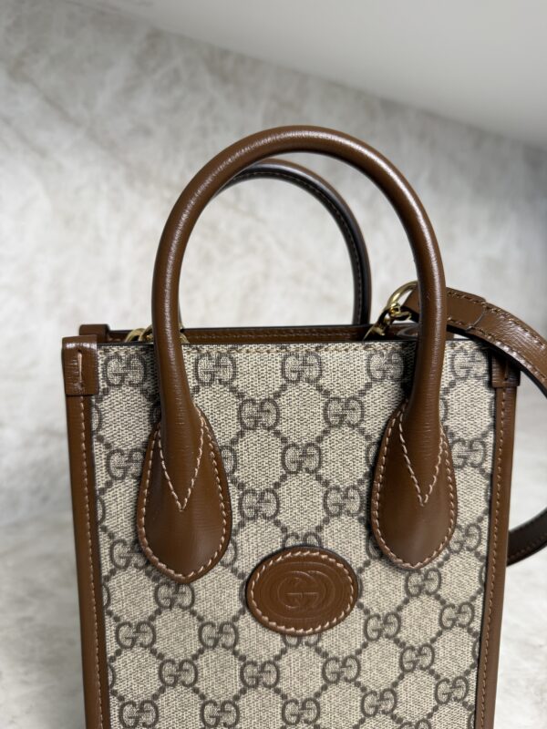 Gucci GG Supreme Monogram Azalea Calfskin Mini Retro Interlocking G Tote Bag Beige Ebony Brown Sugar