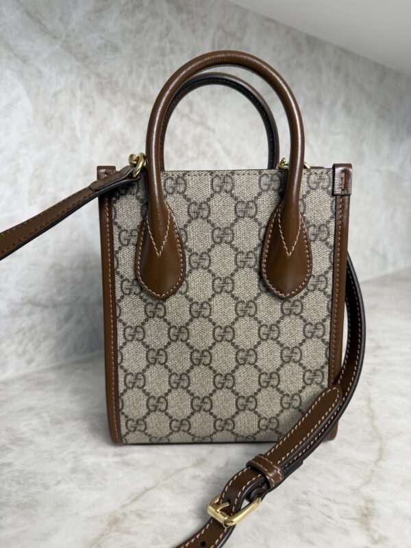 Gucci GG Supreme Monogram Azalea Calfskin Mini Retro Interlocking G Tote Bag Beige Ebony Brown Sugar