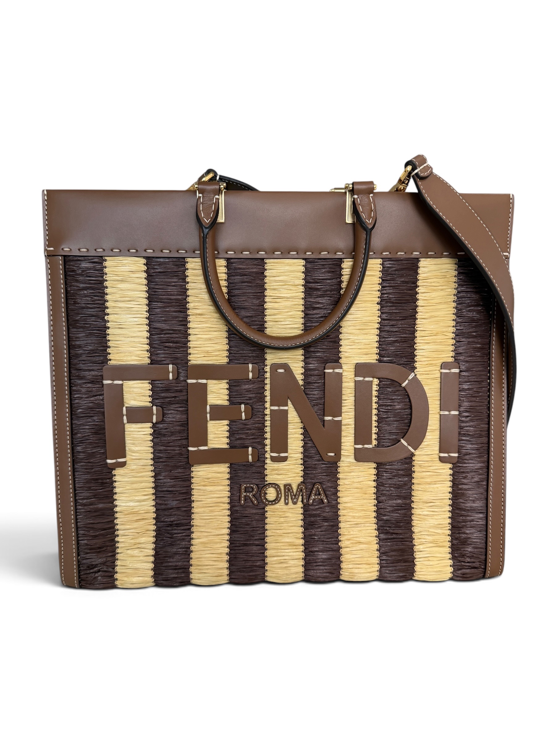 Fendi Paglia Pequin Vitello King Woven Medium Fendi Sunshine Shopper Tote Naturale Gianduia