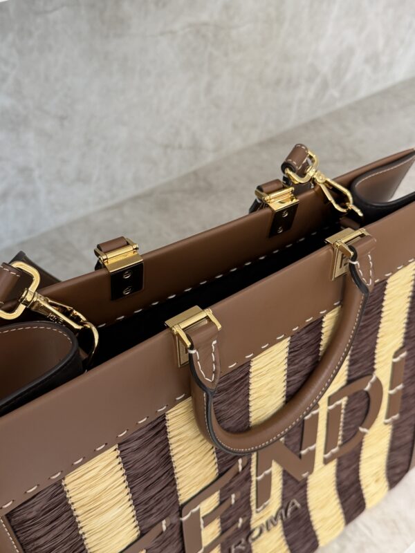 Fendi Paglia Pequin Vitello King Woven Medium Fendi Sunshine Shopper Tote Naturale Gianduia