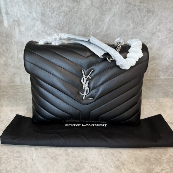 Saint Laurent (YSL) Calfskin Y Quilted Monogram Medium Loulou Chain Satchel Black and Silver Hardware