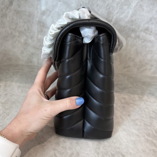 Saint Laurent (YSL) Calfskin Y Quilted Monogram Medium Loulou Chain Satchel Black and Silver Hardware