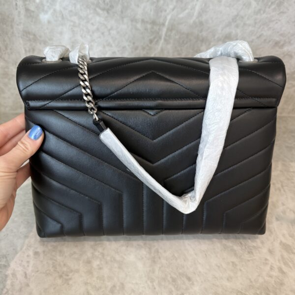 Saint Laurent (YSL) Calfskin Y Quilted Monogram Medium Loulou Chain Satchel Black and Silver Hardware