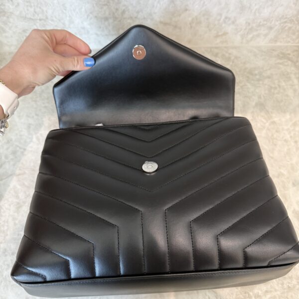 Saint Laurent (YSL) Calfskin Y Quilted Monogram Medium Loulou Chain Satchel Black and Silver Hardware