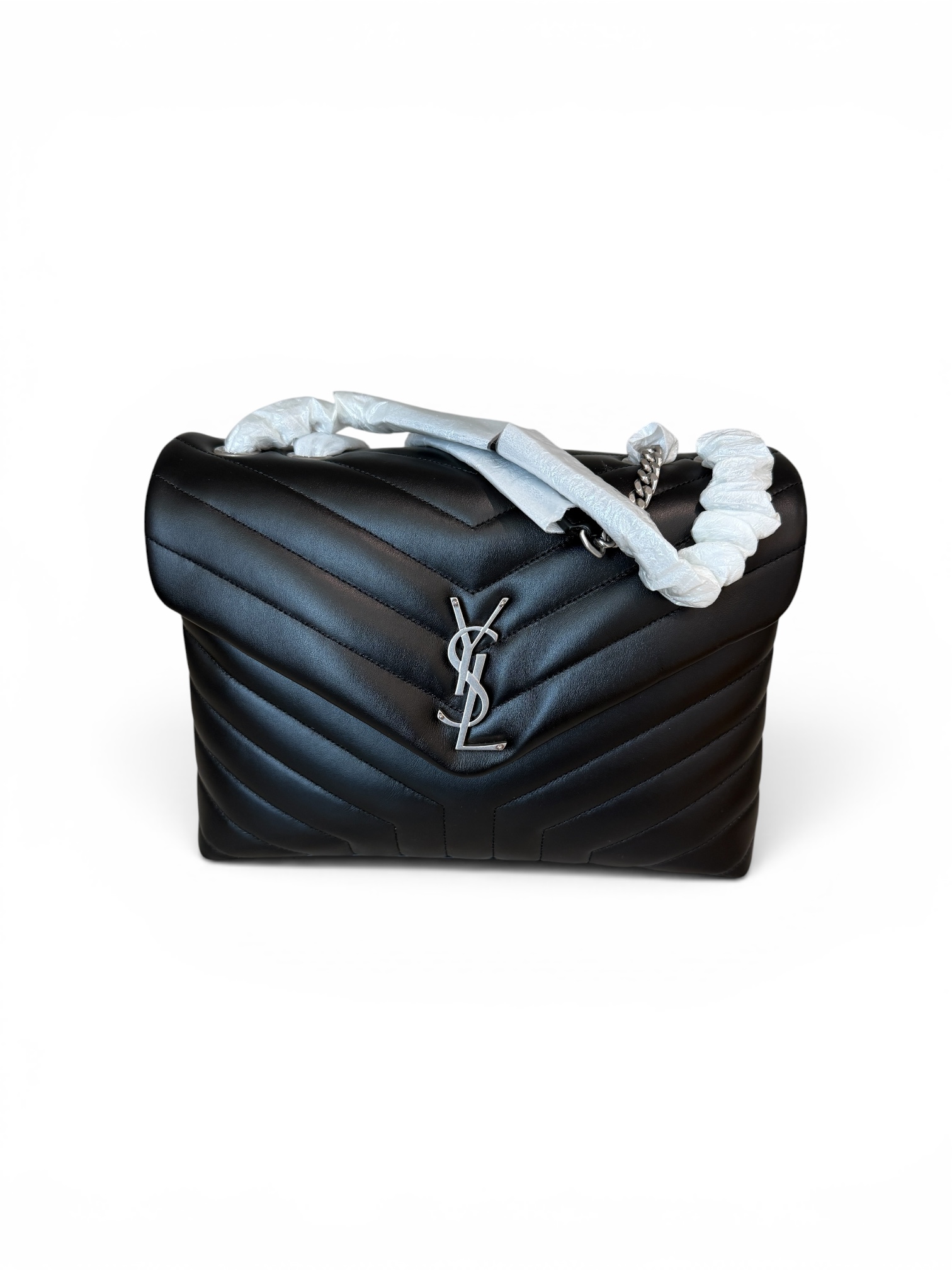 Saint Laurent (YSL) Calfskin Y Quilted Monogram Medium Loulou Chain Satchel Black and Silver Hardware