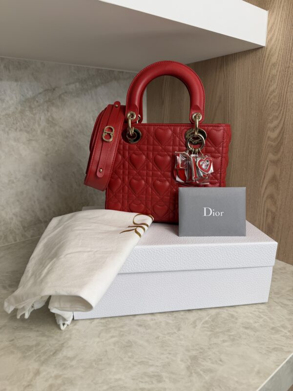 Christian Dior Lambskin Cannage Dioramour Heart Small Lady Dior Red
