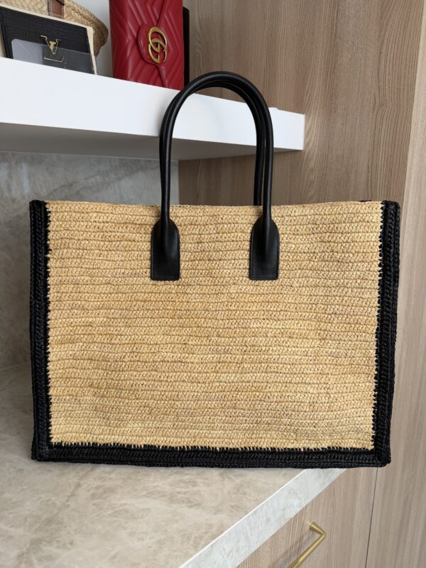 Saint Laurent (YSL) Raffia Calfskin Rive Gauche Tote Naturale Black